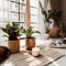 Boho styled room interior, green houseplants and natural home decor