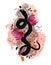 Boho tattoo design with snake, flowers and waves at watercolor background.