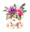 Boho tea cup - rose flowers, vintage feathers. Teatime watercolor