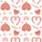 Boho Valentines day pattern. Pink cute bohemian butterfly, snake, heart, rainbow design. Pink Valentines day print