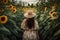 boho woman in hat seen from behind . flowers field , ai generative