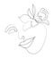 Boho women face vector. Surreal portrait, girl face with lotus, chrysanthemum, lily flowers in continuous line style