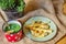 Boiled asparagus, soup and thyme herbs