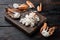 Boiled Blue swimmer crab meat or Horse Blue crab, Flower crab, on wooden cutting board, on dark wooden background