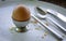 Boiled brown egg in eggcup on a wooden table