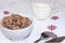 Boiled buckwheat cereal with milk in a bowl on a light table. Traditional Russian organic food, diet food, selective focus,