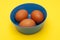 Boiled chicken eggs with whole brown shell in blue plastic bowl at a plain bright yellow background, selective focus