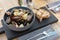 Boiled clams and mussels in deep clay plate