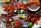 Boiled crayfish lie on a platter. Seafood. Nutritious and healthy dinner.Collage