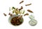 Boiled duck in Chinese herb brown soup eat couple plain rice floating on bowl in white background