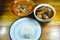 Boiled egg in brown soup and pork with morning glory curry eat couple plain rice