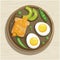 Boiled egg, cheese sandwich and avocado. Vector flat illustration of healthy breakfast. Egg with vegetables. Top view. Flat lay