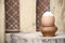 Boiled egg on wooden stand