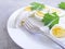 Boiled eggs on a plate, delicious parsley nutrient appetizer diet morning