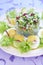 Boiled eggs with salad, cucumber and radish