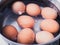 Boiled eggs in warm water after boiling in stainless pot to let them cool down before peeling ,cooking and food preparation