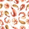 Boiled and fried peeled and unpeeled shrimp. Watercolor illustration. Seamless pattern on a white background from the