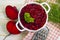 Boiled grated beetroot  organic  on a wooden background vegetarian