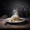 Boiled hot and steaming rice with seasonings on the table in close-up