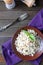 Boiled long grain rice on a ceramic plate