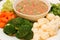 Boiled mixed vegetables and chili dip