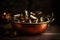 Boiled mussels in copper cooking dish on dark wooden background. AI generated.