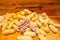 Boiled peanuts peel out on wood background