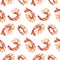 Boiled peeled shrimp with a tail. Watercolor illustration. Seamless pattern on a white background from the SHRIMP