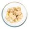 Boiled Pelmeni with butter in glass bowl isolated