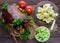 Boiled potatoes in a clay bowl, baked goose and cabbage salad.