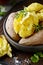 Boiled Potatoes in a peel in a bowl with spices, herbs, herbs. Lunch, the main side dish for dinner