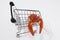 Boiled red crayfish lobsters on a shopping basket, funny photo for supermarkets and shopping,,