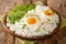 Boiled rice on top with fried eggs served with fresh avocado close-up in a plate. horizontal