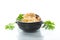 boiled rice with vegetables and meat in a ceramic bowl