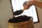 Boiled riceberry rice on wood basket with spoon