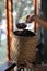 Boiled riceberry rice on wood basket with spoon in close up