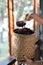 Boiled riceberry rice on wood basket with spoon in close up