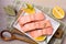 Boiled salmon on white plate. Poached salmon fillet. Good for health diet fish.