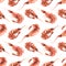 Boiled shrimp unpeeled different. Watercolor illustration. Seamless pattern on a white background from the SHRIMP