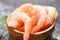 Boiled shrimps prawns on ice frozen at the seafood restaurant fresh shrimp on wooden bowl with ingredients for cooking seafood