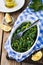 Boiled wild herbs Vlito with lemon juice and olive oil. The traditional Greek snack.