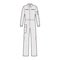 Boilersuit coverall Dungaree jumpsuit technical fashion illustration with full length, normal waist, pocket, long sleeve