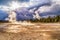 Boiling hot water and steam at Lower Geyser Basin in Yellowstone National Park.