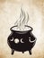 Boiling magic cauldron vector illustration. Hand drawn wiccan design, astrology, alchemy, magic symbol or halloween design