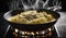 boiling pan of linguine pasta, in cream cheese sauce, in a home kitchen on the stove. Generative Ai,