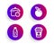 Boiling pan, Water bottle and Apple icons set. Takeaway coffee sign. Cooking timer, Soda drink, Fruit. Vector