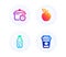 Boiling pan, Water bottle and Apple icons set. Takeaway coffee sign. Cooking timer, Soda drink, Fruit. Vector