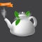 Boiling porcelain teapot with mint leaves. Vector realistic illustration of ceramic kettle with lid. Modern tableware crockery pot