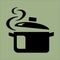 Boiling water in pan. Black cooking pot with steam. icon on green background. Vector illustration