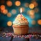 Bokeh background, birthday cupcake, burning candle, festive celebration delight